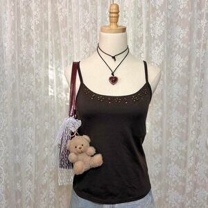 Y2K New York & Co Brown Beaded Cami Tank Top Size M Shelf Bra Fairy Boho